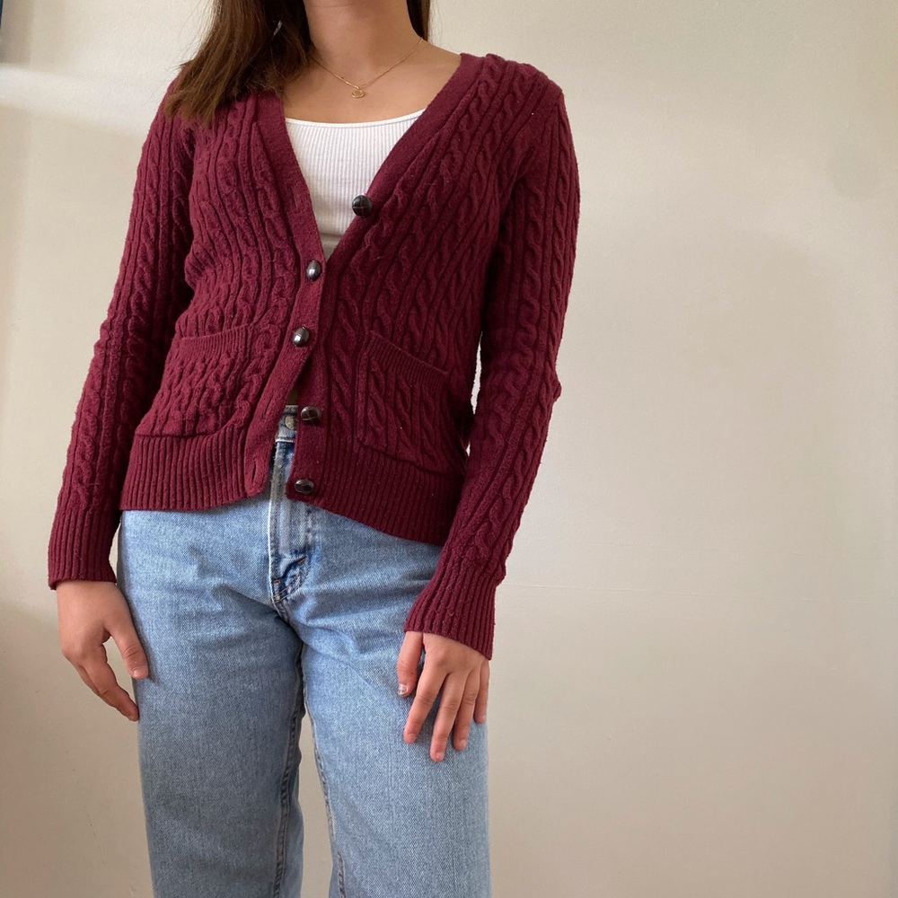 A&F burgundy cable knit cardigan